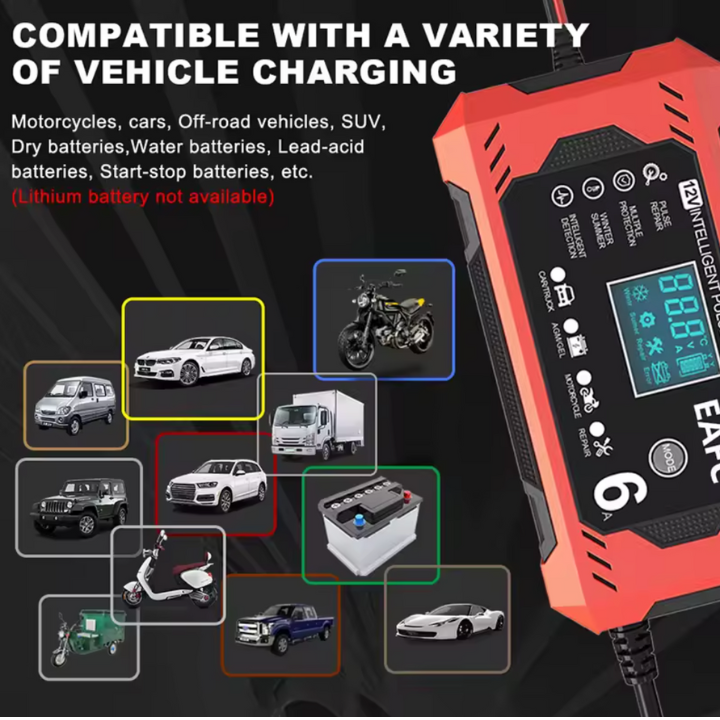 インテリジェントカー バッテリー チャージャー 12V/24V - LCD表示 & 自動保護